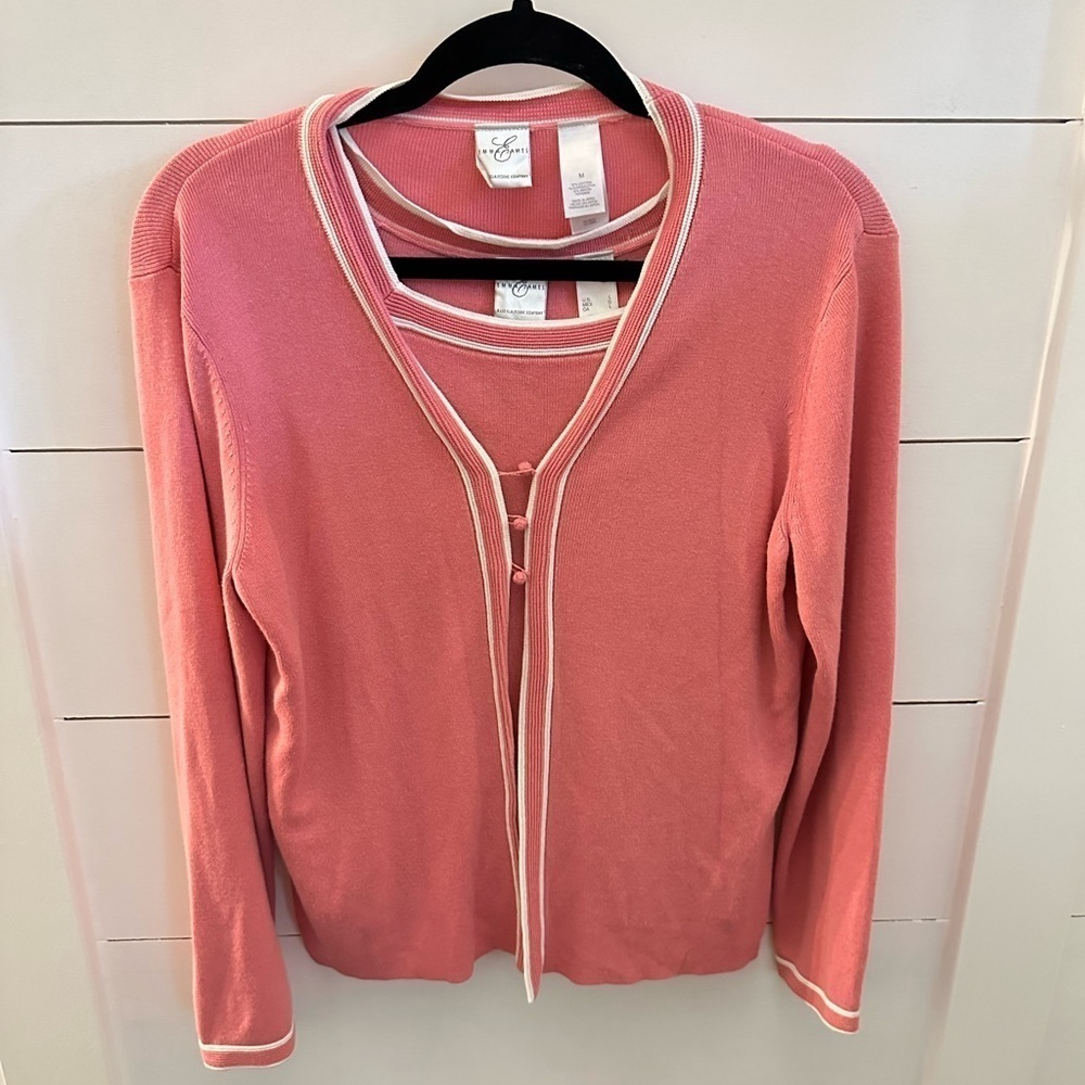 Y2k Vintage Emma James Pink-white cotton blend classic cardigan and tank set M